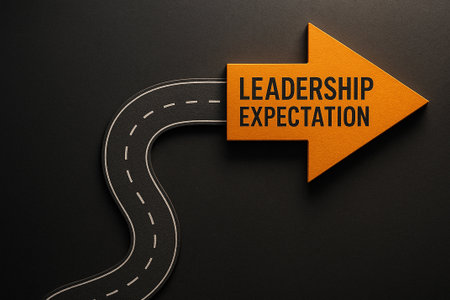 Road with a glowing orange arrow labeled leadership expectation symbolizing a journey of guidance and visionの素材