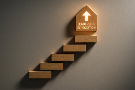 Golden steps ascending with the words leadership expectation at the top symbolizing growth and achievement in leadershipの素材