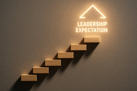Straight view of wooden steps ascending with the words leadership expectation at the top symbolizing growth and achievement in leadershipの素材