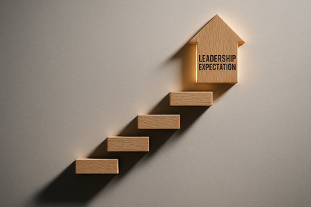 Wooden steps ascending with the words leadership expectation at the top symbolizing growth and achievement in leadershipの素材