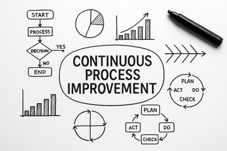 Continuous Process Improvement text with doodle style business elements such as arrows, graphs, gears. Improvement concept.の素材