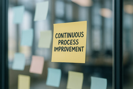 Continuous Process Improvement text with doodle style business elements such as arrows, graphs, gears. Process improvement concept.の素材