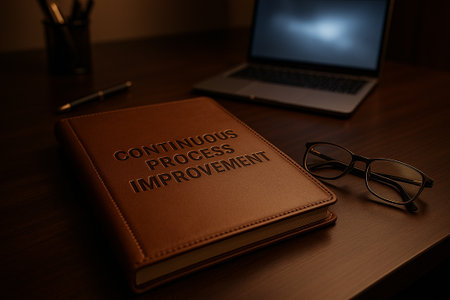 Continuous Process Improvement glowing words on illuminated board in dark office setting.の素材