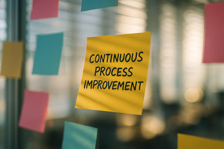 Continuous Process Improvement written on sticky notes arranged on colorful office board.の素材