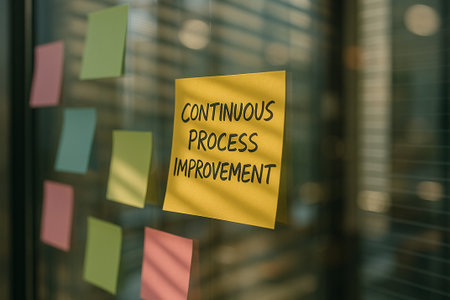 Continuous Process Improvement text on yellow sticky notes stacked over books on shelf.の素材
