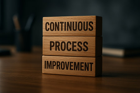 Continuous Process Improvement bold text on wooden plank background in light tone.の素材