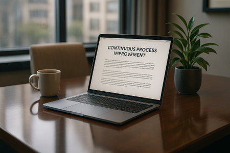 Continuous Process Improvement displayed on laptop screen in dim office setting with coffee cup. Improvement concept.の素材