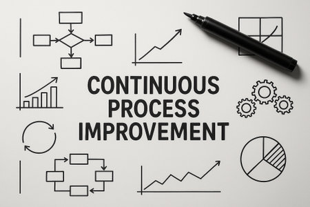 Continuous Process Improvement text with doodle style business elements such as arrows, graphs, gears.の素材