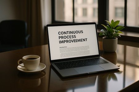 Continuous Process Improvement displayed on laptop screen in dim office setting with coffee cup.の素材