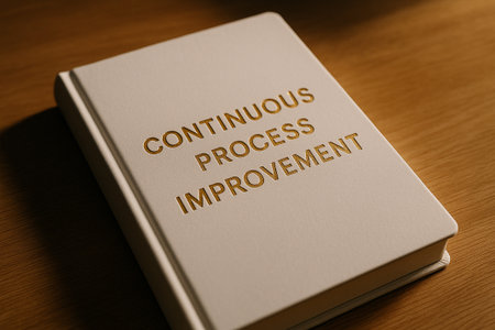 Continuous Process Improvement text on closed brown notebook resting on wooden surface.の素材
