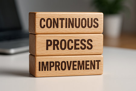 Continuous Process Improvement bold text on wooden plank background. Business improvement conceptの素材