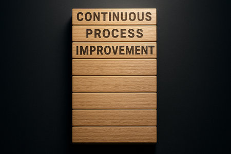 Continuous Process Improvement displayed on framed wooden panel with vertical stripe design.の素材