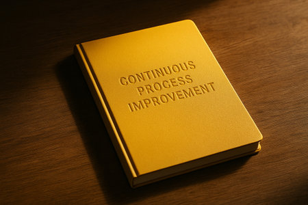 Continuous Process Improvement text on closed yellow notebook resting on wooden surface.の素材