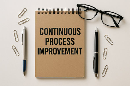 Top view of Continuous Process Improvement text on brown notepad.の素材