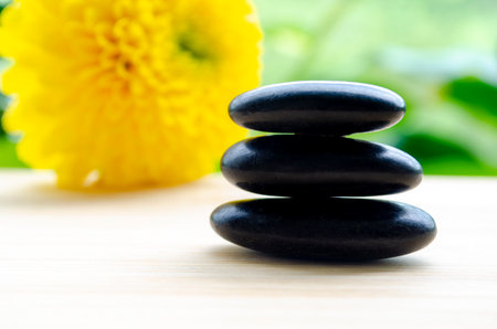 Three stacked zen stones beside fresh green leaf serene nature with customizable space for text.の写真素材