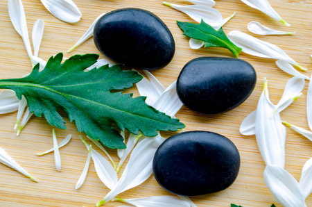 Zen stones resting with large green leaf over bamboo mat minimalist style with customizable space for text.の写真素材