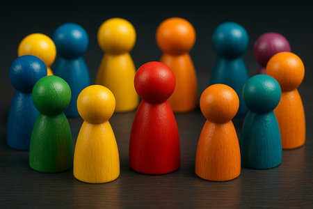 Small colorful wooden peg figures standing in circle on dark background symbolizing diversity equity and inclusion.の素材