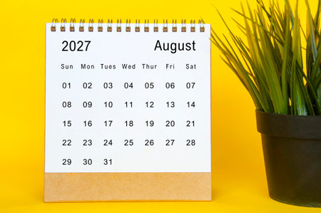 August 2027 calendar template on a yellow-framed background featuring organized date grid and plant accessoryの写真素材