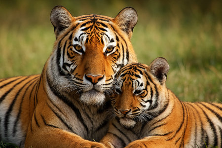 Tiger standing side by side with another tiger in the wild displaying unity and strengthの素材
