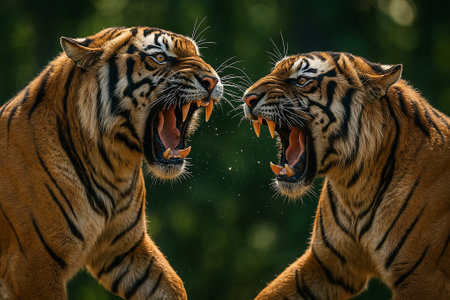Two tigers facing off in heated confrontation with intense expression in natural wildernessの素材