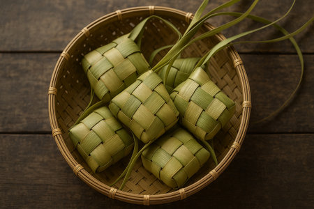 Traditional ketupat woven rice cakes tied together on wooden rustic tableの素材