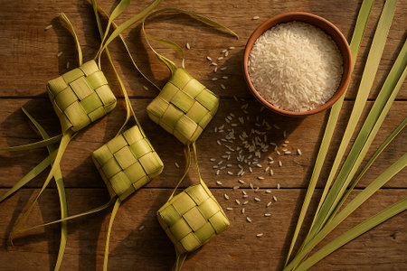 Ketupat placed on banana leaves representing natural cultural festive designの素材
