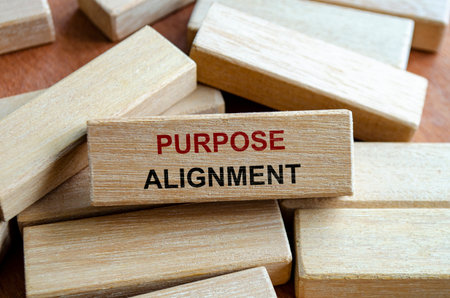 Purpose alignment text written on wooden blocks symbolizing synchronization of goals and mission.