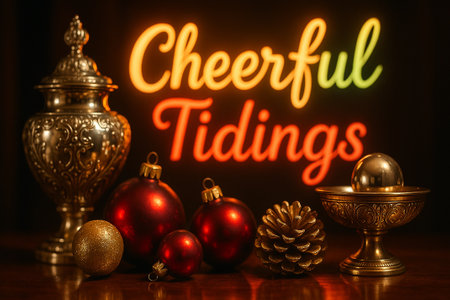 Cheerful Tidings text with golden baubles on dark glowing festive backgroundの素材