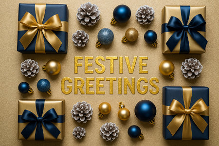 Festive Greetings text with golden bows and baubles on bright backgroundの素材