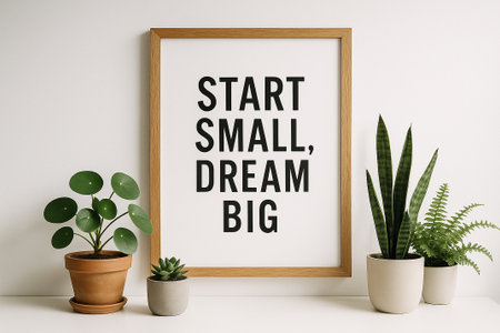 START SMALL DREAM BIG, Framed motivational quote with decorative plant encouraging ambition and persistenceの素材