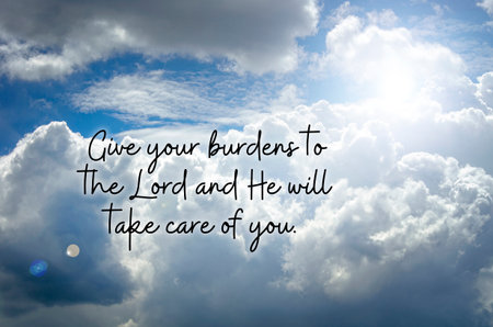Inspirational quote over bright clouds emphasizing comfort, prayer, and divine peaceの写真素材