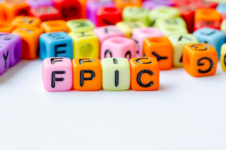 Close up of FPIC text on multicolored cubes representing Free, Prior and Informed Consent. Conservation conceptの写真素材