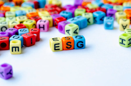 Side view of ESG text on multicolored cube representing Environmental, Social, and Governance. Conservation conceptの写真素材