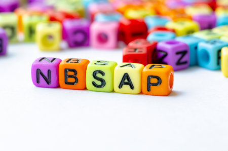 Close up of NBSAP text on multicolored cubes representing National Biodiversity Strategy and Action...