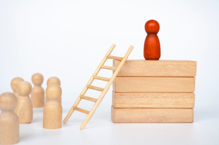 Red peg figure on top of wooden blocks with customizable space for text or ideas