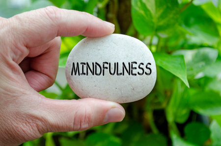 Hand holding a white stone with MINDFULNESS text engraved on it, expressing life purpose of awareness and being presentの写真素材