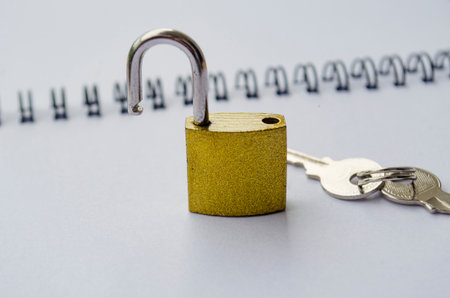 A small golden padlock standing on white notepad.