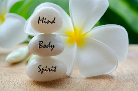 Mind, Body and Spirit text on white zen stones with beautiful white flower background.