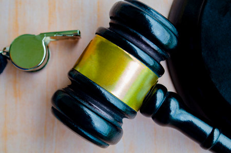 Top view of lawyer gavel with customizable space for text. Law and speak up conceptの写真素材