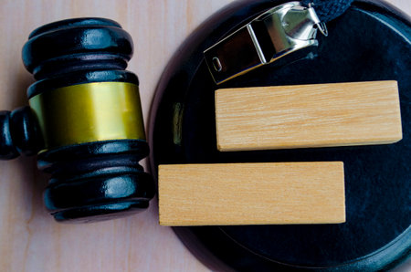 Top view of lawyer gavel with blank wooden blocks with customizable space for text. Law and speak up conceptの写真素材