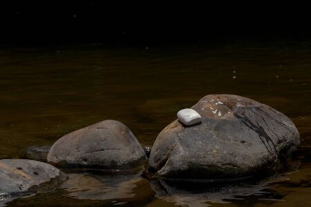 A bar of  white soap rests over a rock in a river at the temperate lands of the Andean mountains of central Colombia.の写真素材