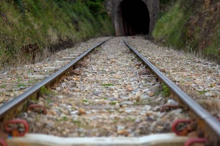 Perspective view of train tracks that goes over the Teatinos river, in the highlands of the Andean mountains of central Colombia.の写真素材