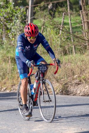 Villa de Leyva, Boyaca, Colombia - December 1, 2019:  Men and women of all ages ride bicycles during the development of the Gran Fondo Nairo Quintana cycling event, in which Nairo Quintana and Egan Bernal participated.のeditorial素材
