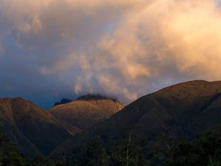 The top of the Iguaque mountain illuminated by the light of the sunset, near the town of Villa de Leyva in central Colombia.の写真素材