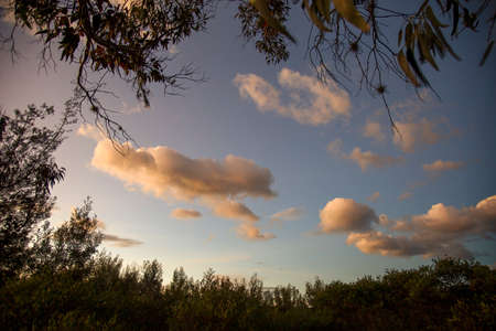 Multiple exposure composite of some cotton like clouds floating at sunset near the colonial town of Villa de Leyva in central Colombia.の写真素材