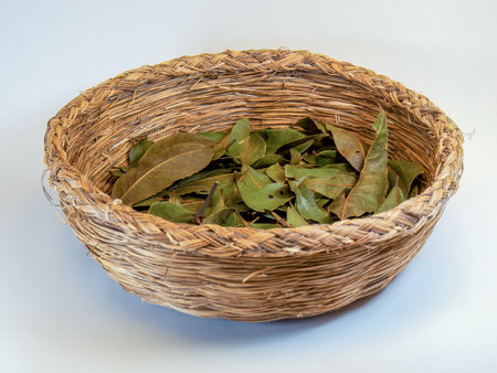 Studio shot of a used traditional straw basket with dry bay leaves on it on a neutral backgroundの写真素材