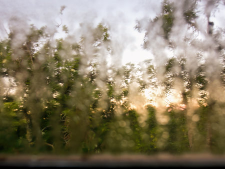 Macro photography of dew drops on a window captured in a farm house at sunrise in the Andean mountains of central Colombia near the town of Arcabuco.の写真素材