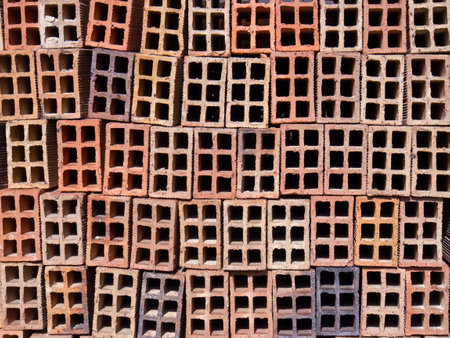 A stack of hollow clay blocks in a construction site, in a farm in the eastern Andean mountains of central Colombia.の写真素材