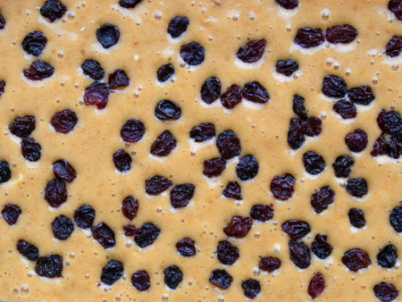 Macro photography of a  raw cake mix with raisins on top, ready to go into de oven.の写真素材