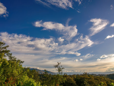 Beautiful soft clouds floating over the eastern Andean forests and mountains of central Colombia, in...